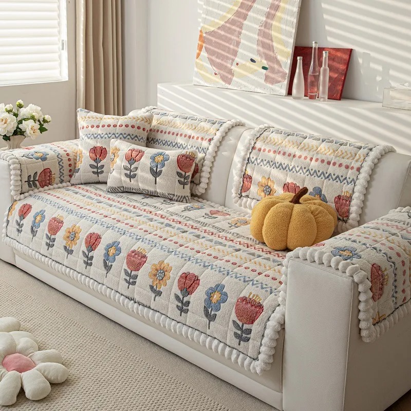 Quilted Sofa Cushion Embroidery Anti-slip Sofa Cover