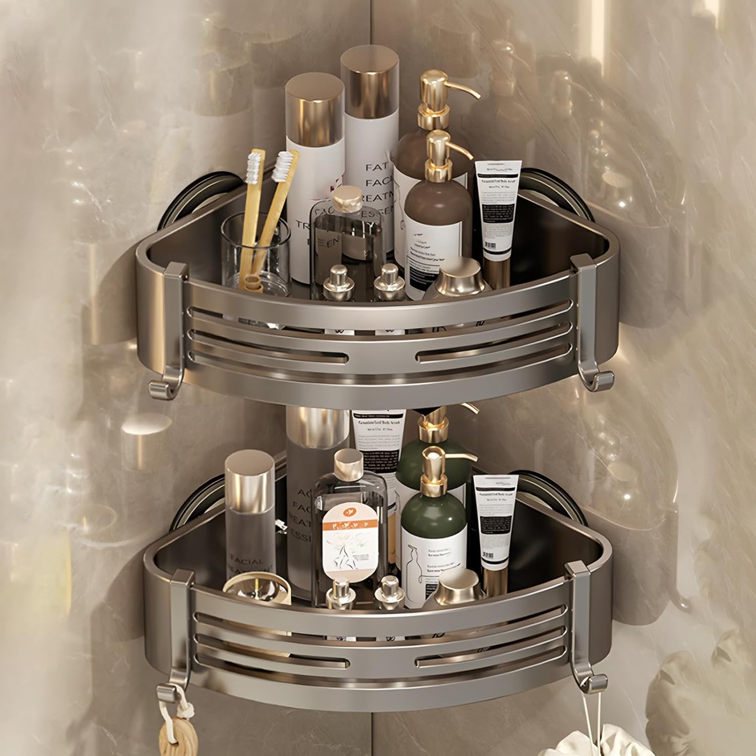Corner Shower Caddy Suction Cup Shelves with Hooks