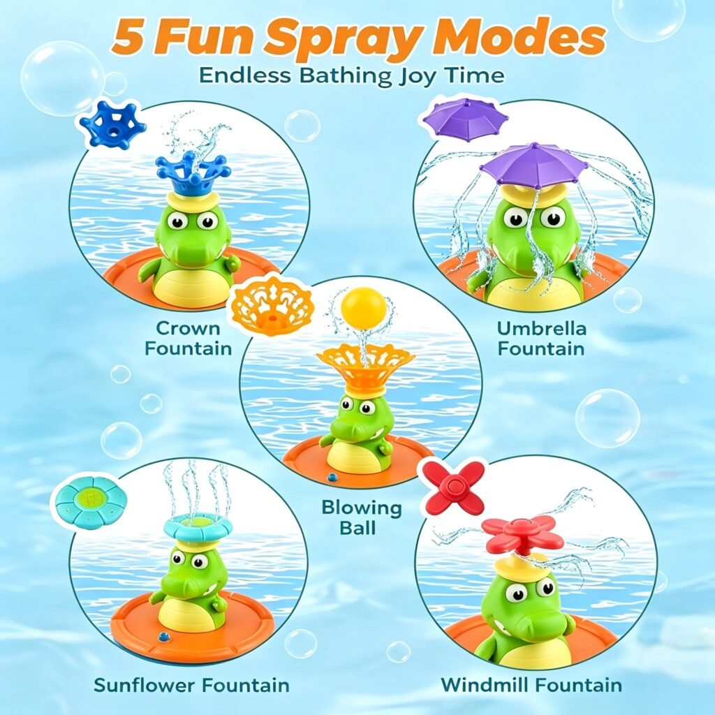 Five interchangeable spray attachments for frog water fountain toy